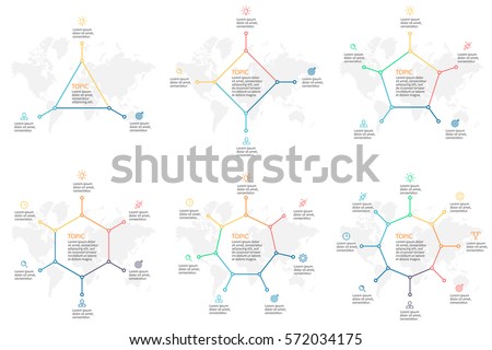 Business infographics. Triangle, square, pentagon, hexagon, heptagon, octagon. Vector outline charts with 3, 4, 5, 6, 7, 8 steps, arrows.