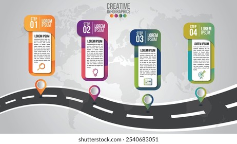 Infografía de negocios Vector de la empresa Hitos de la empresa Línea de tiempo 4 pasos Plantilla de espacio de copia con punteros en un viaje de línea de carretera curva.