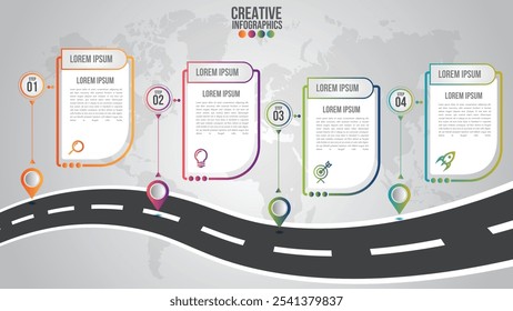 Infografía de negocios Vector de la empresa Hitos de la empresa Línea de tiempo 4 pasos Plantilla de espacio de copia con punteros en un viaje de línea de carretera curva.