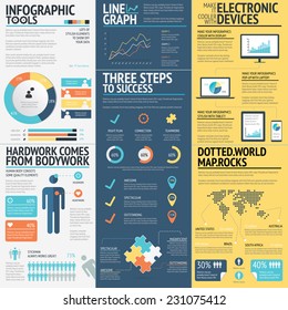 Business infographics vector elements in 3 flat business colors. Red, blue and yellow modern colored data visualization set to turn your statistics into awesome graphics.