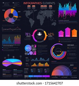 Business infographics vector elements. Template of presentation graphs, charts and world map, business options, processes, steps, workflow and timeline diagrams, statistic data info graphic design