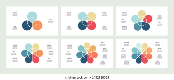 Business infographics. Vector flower chart with 3, 4, 5, 6, 7, 8 steps, options, processes, petals. Vector diagrams.