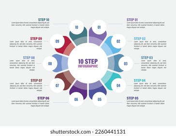 Business infographics. Vector flower chart with 5, 6, 7, 8, 9, 10 steps, options, processes, petals. Vector diagrams.