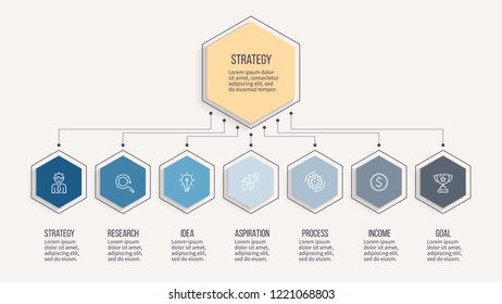 Business infographics. Vector presentation with 7 options, hexagons. Editable line.