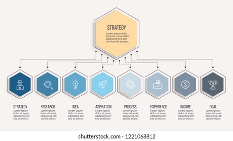 Business infographics. Vector presentation with 8 options, hexagons. Editable line.