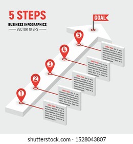 Business infographics vector template. Five steps in process.  Planning workflow or strategy.