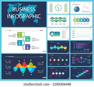 Business inforgraphic design set for management concept. Can be used for business project, annual report, web design. Process chart, option chart, scatter plot, pie chart, flowchart, donut diagram