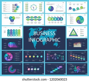 Business inforgraphic design set for management concept. Can be used for business project, annual report, web design. Process chart, option chart, scatter plot, pie chart, flowchart, donut diagram