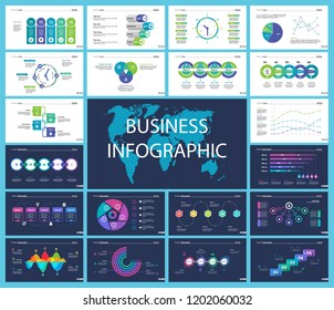 Business inforgraphic design set for management concept. Can be used for business project, annual report, web design. Process chart, option chart, scatter plot, pie chart, flowchart, donut diagram