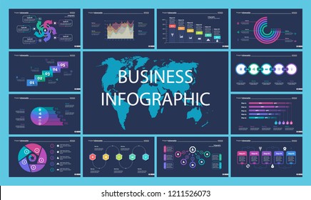 Business inforgraphic design set for management concept. Can be used for business project, annual report, web design. Process chart, option chart, scatter plot, pie chart, flowchart, donut diagram