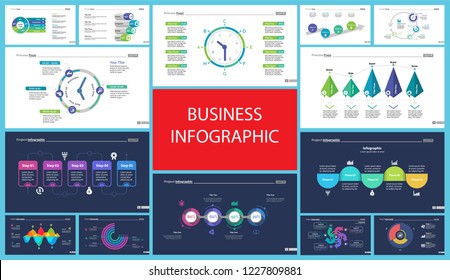 Business inforgraphic design set for management concept. Can be used for business project, annual report, web design. Process chart, option chart, scatter plot, pie chart, flowchart, donut diagram