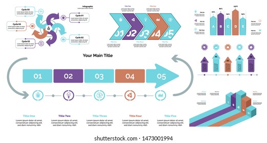 Business inforgraphic design set for management concept. Can be used for business project, annual report, web design. Process chart, option chart, scatter plot, pie chart, flowchart, donut diagram