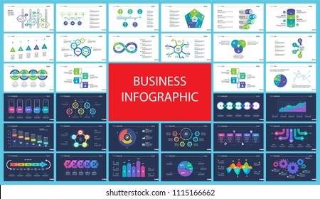Business inforgraphic design set for marketing concept. Can be used for business project, annual report, web design. Process chart, option chart, flowchart, bar graph, area chart, donut diagram
