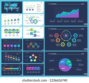 Business inforgraphic design set for marketing concept. Can be used for business project, annual report, web design. Process chart, option chart, flowchart, bar graph, area chart, donut diagram