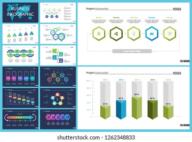 Business inforgraphic design set for marketing concept. Can be used for business project, annual report, web design. Process chart, option chart, flowchart, bar graph, area chart, donut diagram