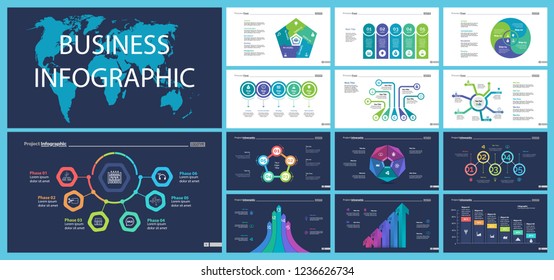 Business inforgraphic design set for project management concept. Can be used for business project, annual report, web design. workflow layout. Option, process, area chart, donut, arrow graphs