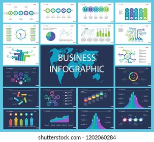 Business inforgraphic design set for strategy concept. Can be used for business project, annual report, web design. Process chart, option chart, flowchart, scatter plot, line graph