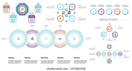 Business inforgraphic design set for strategy concept. Can be used for business project, annual report, web design. Process chart, option chart, flowchart, scatter plot, line graph
