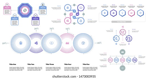 Business inforgraphic design set for strategy concept. Can be used for business project, annual report, web design. Process chart, option chart, flowchart, scatter plot, line graph