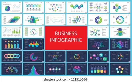 Business inforgraphic slide design set can be used for presentations, annual report, web design. Management concept. Process, option, comparison graphs, area chart, flowchart, donut diagram