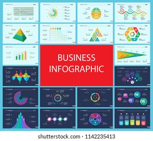 Business inforgraphic slide design set can be used for presentations, annual report, web design. Management concept. Process, option, comparison graphs, area chart, flowchart, donut diagram