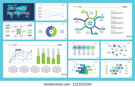 Business inforgraphic slide design set can be used for presentations, annual report, web design. Management concept. Process, option, comparison graphs, area chart, flowchart, donut diagram