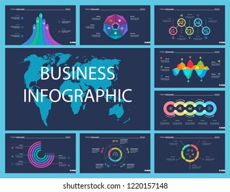Business inforgraphic slide design set can be used for presentations, annual report, web design. Management concept. Process, option, comparison graphs, area chart, flowchart, donut diagram