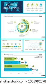 Business inforgraphic slide design set can be used for presentations, annual report, web design. Management concept. Process, option, comparison graphs, area chart, flowchart, donut diagram