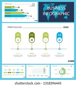 Business inforgraphic slide design set can be used for presentations, annual report, web design. Management concept. Process, option, comparison graphs, area chart, flowchart, donut diagram