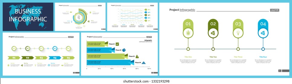 Business inforgraphic slide design set can be used for presentations, annual report, web design. Management concept. Process, option, comparison graphs, area chart, flowchart, donut diagram