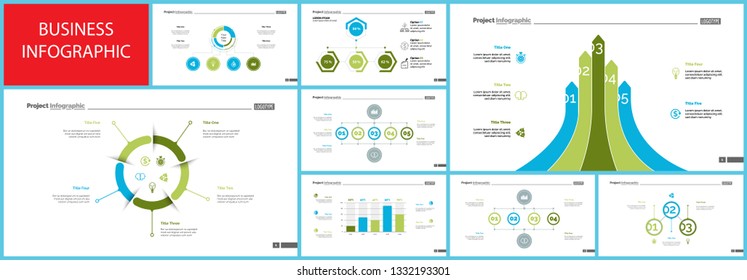 Business inforgraphic slide design set can be used for presentations, annual report, web design. Management concept. Process, option, comparison graphs, area chart, flowchart, donut diagram