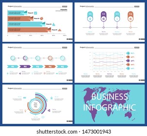 Business inforgraphic slide design set can be used for presentations, annual report, web design. Management concept. Process, option, comparison graphs, area chart, flowchart, donut diagram