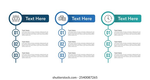 Infografía 3 opciones con detalle. Plan, Estrategia, Marketing, Anuncio y Póster. Ilustración vectorial.