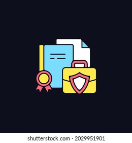 Business information RGB color icon for dark theme. Protect intellectual property. Employee records. Isolated vector illustration on night mode background. Simple filled line drawing on black
