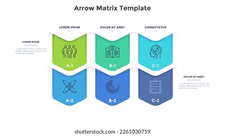 Business and information technology arrow matrix infographic design template. Commercial strategy and company work vector illustrations with 6 steps. Visual data presentation for banners creation