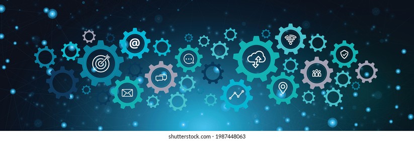 business information technology icon concept by a gear wheel cog and the linkage of technology in blue background light