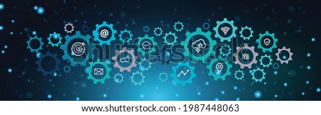 business information technology icon concept by a gear wheel cog and the linkage of technology in blue background light