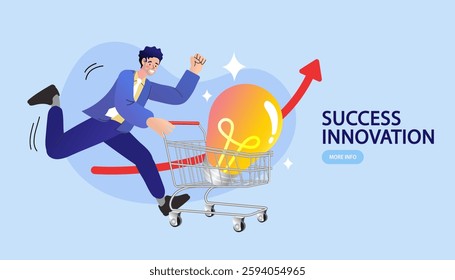 Business innovation concept with businessman in a suit running with shopping cart carrying a glowing light bulb, symbolizing creative ideas success. Red upward arrow represents growth and achievement.