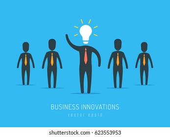 Business innovation concept. Group of businessmen silhouettes, one of them is having light bulb head. Vector illustration in flat style.