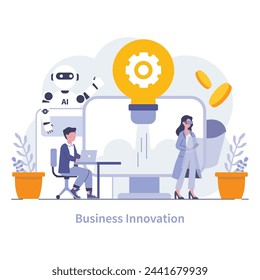 Business Innovation Concept. A modern workplace with AI technology fostering creative solutions and adaptive strategies. Vector illustration.