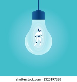 Business innovation concept. Vector of a robot standing inside a lightbulb. 
