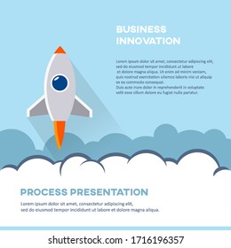 Business innovation cover page booklet template. Cartoon rocket vector illustration. Startup presentation poster background.