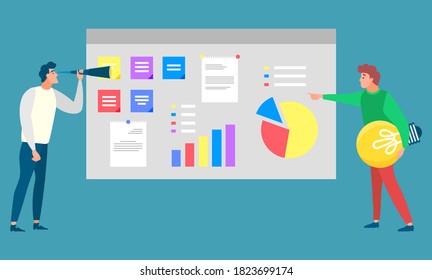 Business innovation, data analysis, man and woman researching. Board with diagram and graph report, man with lens, creative idea sign, company strategy vector