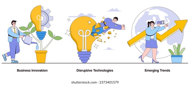 Business innovation, disruptive technologies, emerging trends concept with character. Innovation ecosystem abstract vector illustration set. Technology adoption, market disruption, forward-thinking.