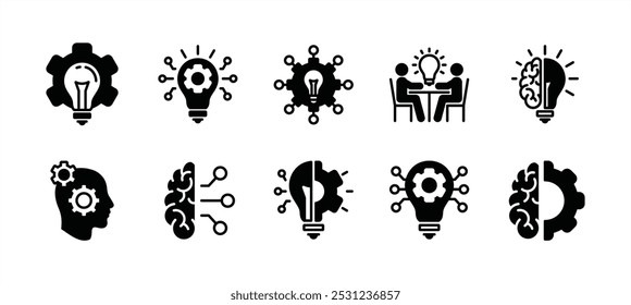 Conjunto de Vector de icono plano de innovación empresarial. Contiene bombilla, inspiración, idea, cerebro, creatividad, creatividad, inteligencia, solución, invención, pensamiento. Luces brillantes con tecnología de engranajes.