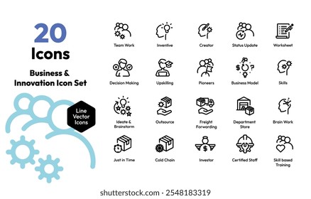 Conjunto de iconos de negocios e innovación: trabajo en equipo, startups, logística y resolución creativa de problemas