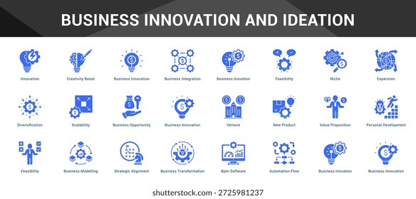 Innovación e Ideación Empresarial Conjunto cohesivo de iconos vectoriales minimalistas que representan ideas clave con claridad visual