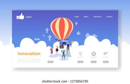 Business Innovation Landing Page Template. Creative Process Website Layout with Flat People Characters on Air Balloon. Easy to Edit and Customize Mobile Web Site. Vector illustration