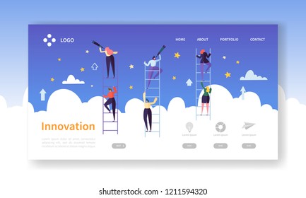 Business Innovation Landing Page. Business Vision Concept with Flat Characters in Search of Creative Idea. Website Template Easy Edit and Customize. Vector illustration