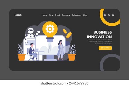 Business Innovation night or dark mode web or landing page. A modern workplace with AI technology fostering creative solutions and adaptive strategies. Vector illustration.